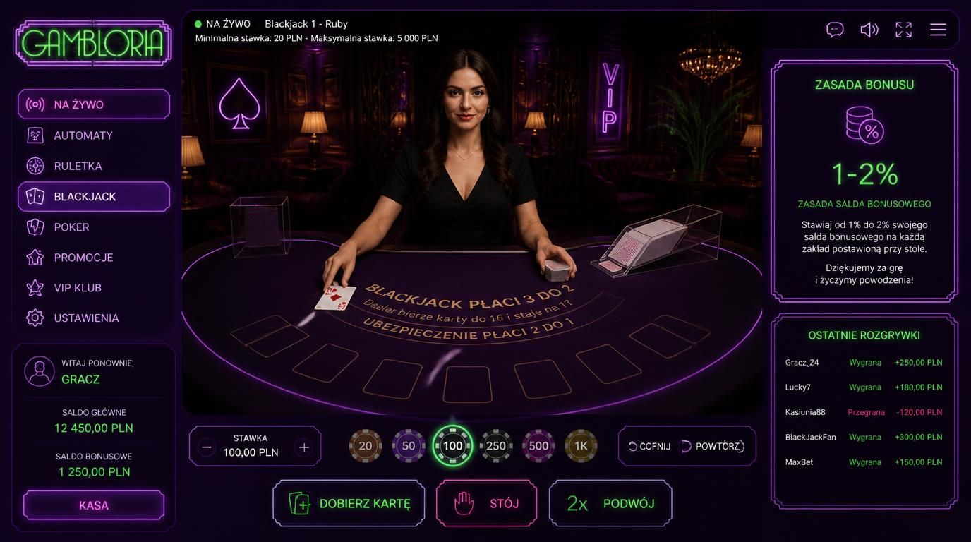 elegancki stół blackjacka na żywo, krupier, ekran z tekstem 1-2 % salda bonusu