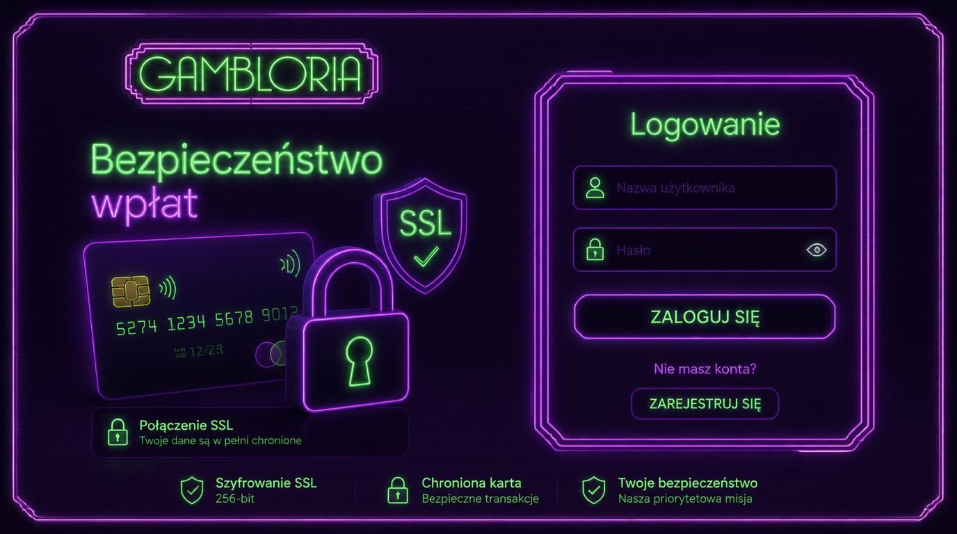 Interfejs kasyna z ikonami bezpieczeństwa (SSL, zamek, karta)