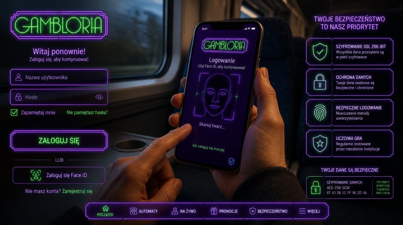 Użytkownik loguje się dzięki Face ID w podróży, interfejs jasno pokazuje szyfrowanie