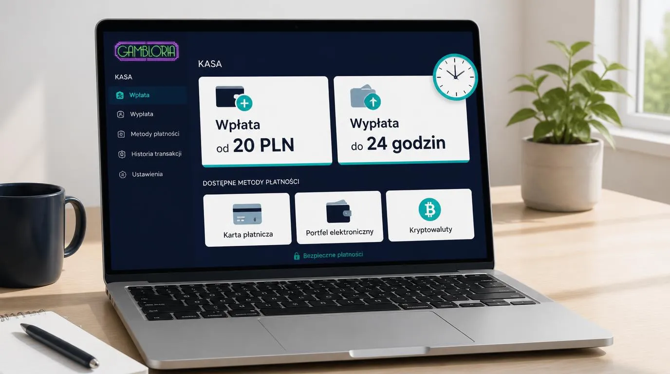 Panel płatności kasyna z wpłatą od 20 PLN, wypłatą do 24 godzin i ikonami dostępnych metod
